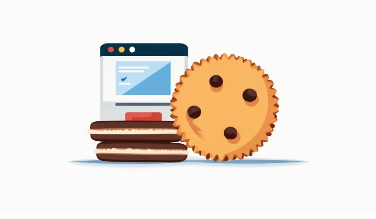 Grafika przedstawiająca ciasteczka i ikonę przeglądarki internetowej, symbolizująca politykę cookies