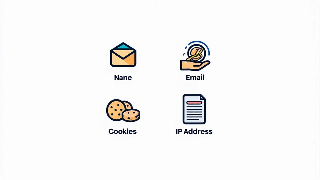 Ilustracja różnych typów danych: imię, e-mail, adres, pliki cookie, adres IP, symbolizowane przez ikony.