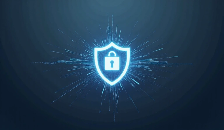 A shield icon with data flowing around it, symbolizing data protection and privacy.