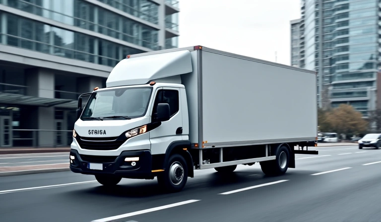 Delivery truck driving through a city street, representing fast and reliable shipping.