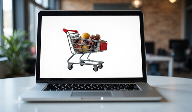 Laptop showing an online shopping cart with various products.